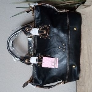 New! MELIE BIANCO Black Leather w Brass Studs Large Satchel Shoulder Bag Purse.